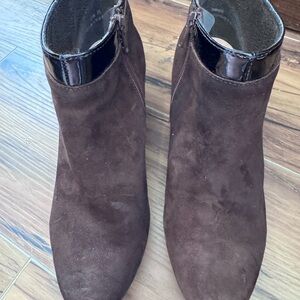 Munro Dark Brown Suede Ankle Booties with Patent Collar